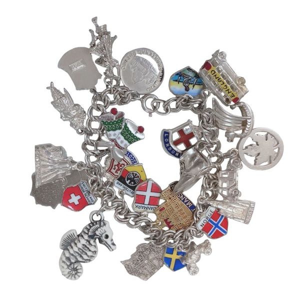 W/ 26 Charms- sterling silver chain link boho charm bracelet